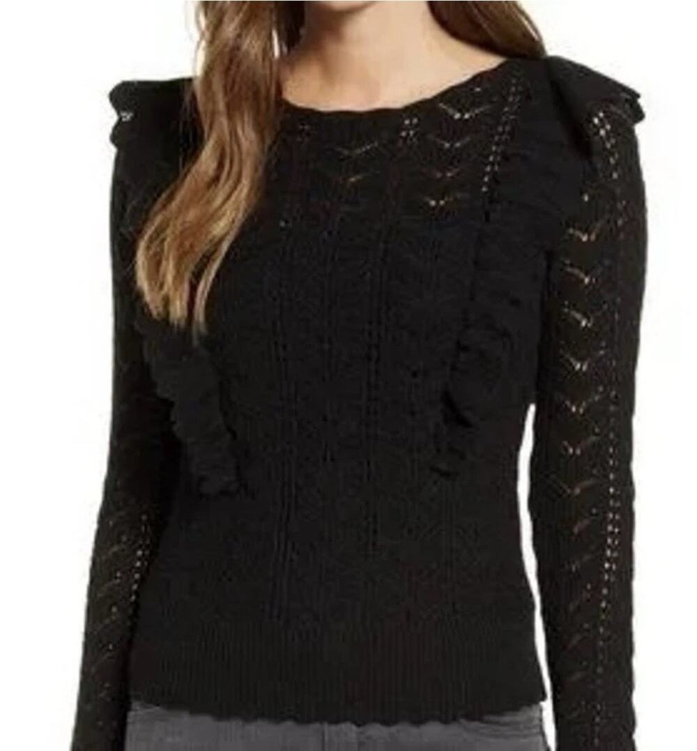 Rachel Parcell Black Pointelle Ruffle Sweater Sz XXL Wool Alpaca Blend Stretchy